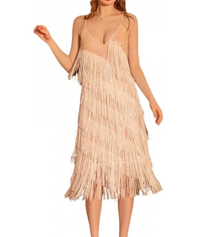 Women Sexy Sequin Fringe Bodycon Mini Spaghetti Strap V Neck Backless Vintage Tassel Sparkly Party Club Dance Dress D-white $...