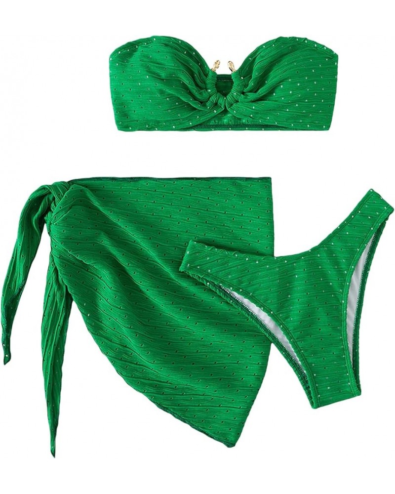 Women's 3 Piece Swimsuit Strapless Bandeau High Cut Thong Ring Bikini Set with Cover Up Skirt Green $13.33 Swimsuits