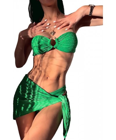 Women's 3 Piece Swimsuit Strapless Bandeau High Cut Thong Ring Bikini Set with Cover Up Skirt Green $13.33 Swimsuits