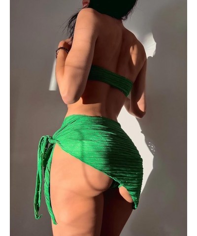 Women's 3 Piece Swimsuit Strapless Bandeau High Cut Thong Ring Bikini Set with Cover Up Skirt Green $13.33 Swimsuits