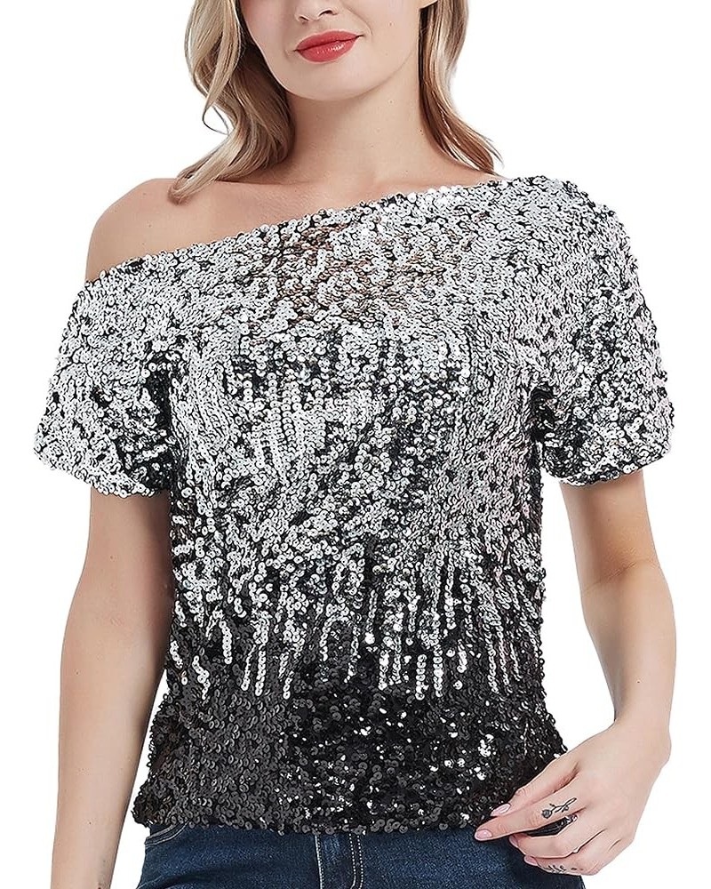 Womens Short Sleeve One Shoulder Sexy Sequin Top Blouse Sliver and Black $24.29 Blouses