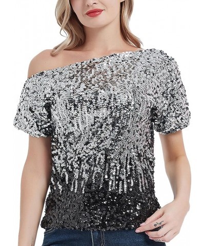 Womens Short Sleeve One Shoulder Sexy Sequin Top Blouse Sliver and Black $24.29 Blouses