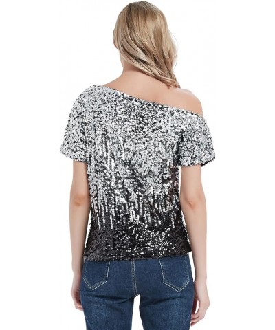 Womens Short Sleeve One Shoulder Sexy Sequin Top Blouse Sliver and Black $24.29 Blouses