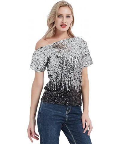 Womens Short Sleeve One Shoulder Sexy Sequin Top Blouse Sliver and Black $24.29 Blouses