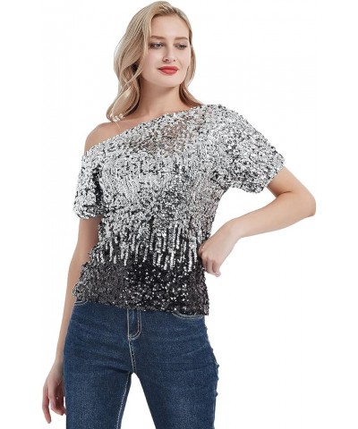 Womens Short Sleeve One Shoulder Sexy Sequin Top Blouse Sliver and Black $24.29 Blouses