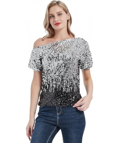 Womens Short Sleeve One Shoulder Sexy Sequin Top Blouse Sliver and Black $24.29 Blouses