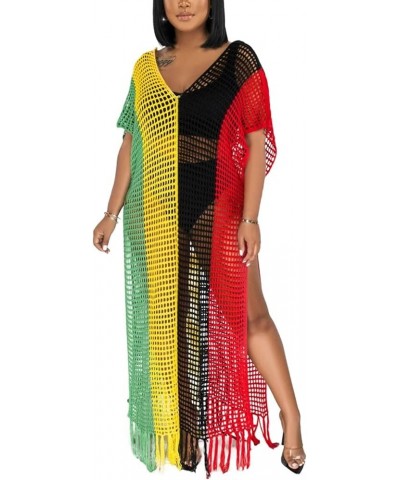 Womens V Neck Hollow Out Color Block Tassel Crochet Side Split Long Dress Swimsuit Cover Ups Multicolor $21.09 Swimsuits