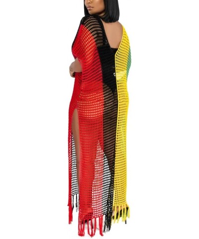 Womens V Neck Hollow Out Color Block Tassel Crochet Side Split Long Dress Swimsuit Cover Ups Multicolor $21.09 Swimsuits