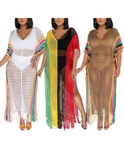 Womens V Neck Hollow Out Color Block Tassel Crochet Side Split Long Dress Swimsuit Cover Ups Multicolor $21.09 Swimsuits