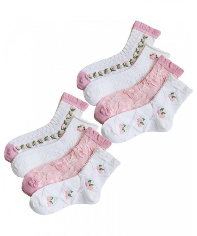 Cute Pink White Flora Women Ankle Sock Stripe Lettuce Trim Knitted Comfy Embroidered Girl Sock Gift 4 & More Pairs 8pk- Embro...