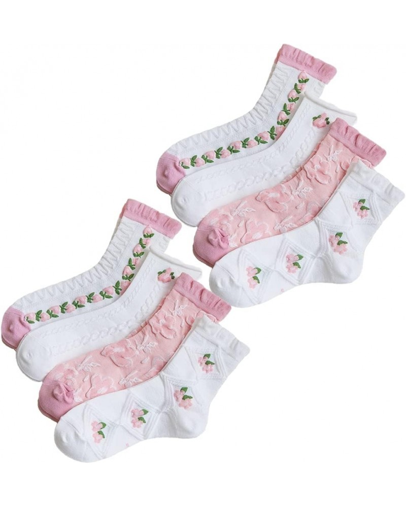 Cute Pink White Flora Women Ankle Sock Stripe Lettuce Trim Knitted Comfy Embroidered Girl Sock Gift 4 & More Pairs 8pk- Embro...