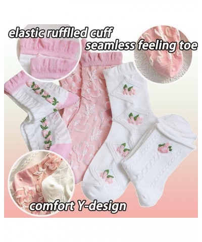 Cute Pink White Flora Women Ankle Sock Stripe Lettuce Trim Knitted Comfy Embroidered Girl Sock Gift 4 & More Pairs 8pk- Embro...