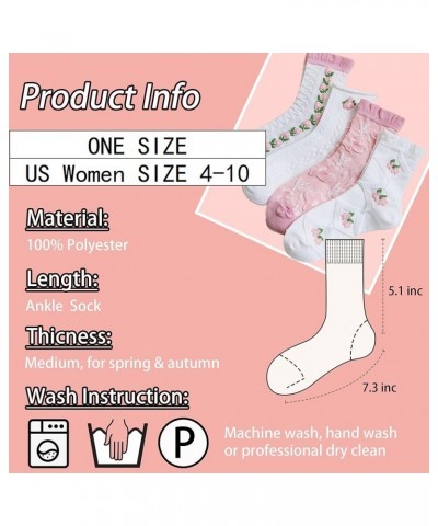 Cute Pink White Flora Women Ankle Sock Stripe Lettuce Trim Knitted Comfy Embroidered Girl Sock Gift 4 & More Pairs 8pk- Embro...