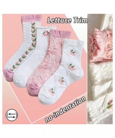 Cute Pink White Flora Women Ankle Sock Stripe Lettuce Trim Knitted Comfy Embroidered Girl Sock Gift 4 & More Pairs 8pk- Embro...