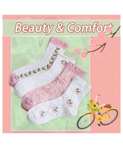 Cute Pink White Flora Women Ankle Sock Stripe Lettuce Trim Knitted Comfy Embroidered Girl Sock Gift 4 & More Pairs 8pk- Embro...