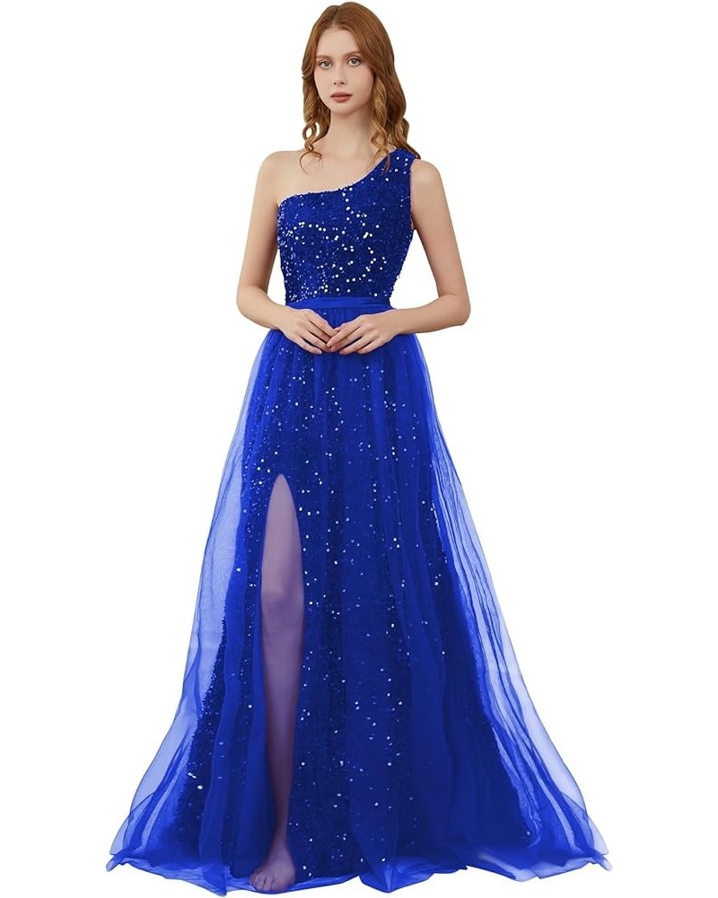 One Shoulder Sequin Prom Dresses for Women 2024 Long Tulle Formal Ball Gown Sparkly Slit Evening Party Dresses Royal Blue $27...