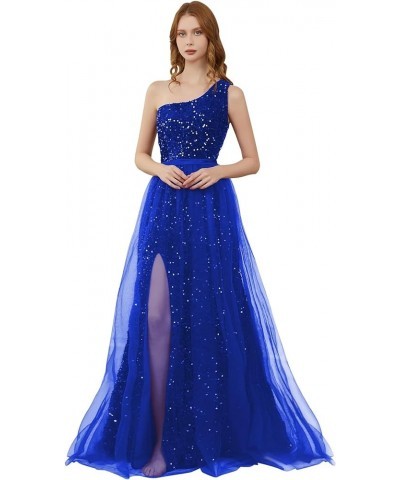 One Shoulder Sequin Prom Dresses for Women 2024 Long Tulle Formal Ball Gown Sparkly Slit Evening Party Dresses Royal Blue $27...