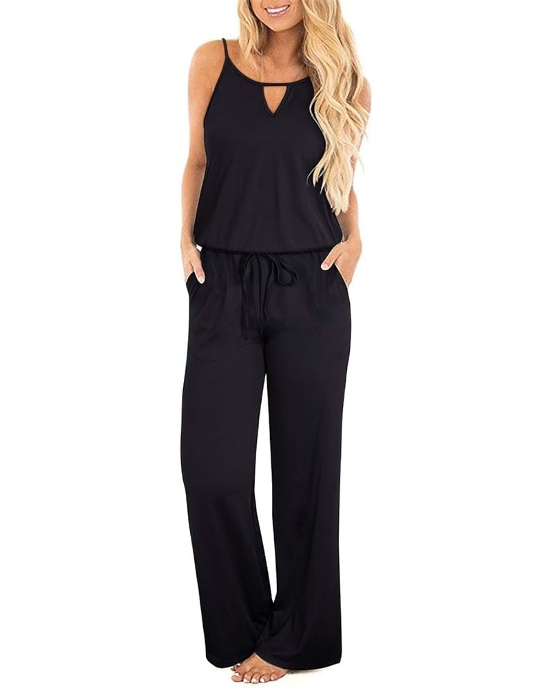 Womens 2024 Casual Sleeveless Jumpsuits Spaghetti Strap Loose Romper Long Pants with Pockets Black 02 $17.66 Jumpsuits