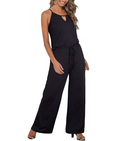 Womens 2024 Casual Sleeveless Jumpsuits Spaghetti Strap Loose Romper Long Pants with Pockets Black 02 $17.66 Jumpsuits