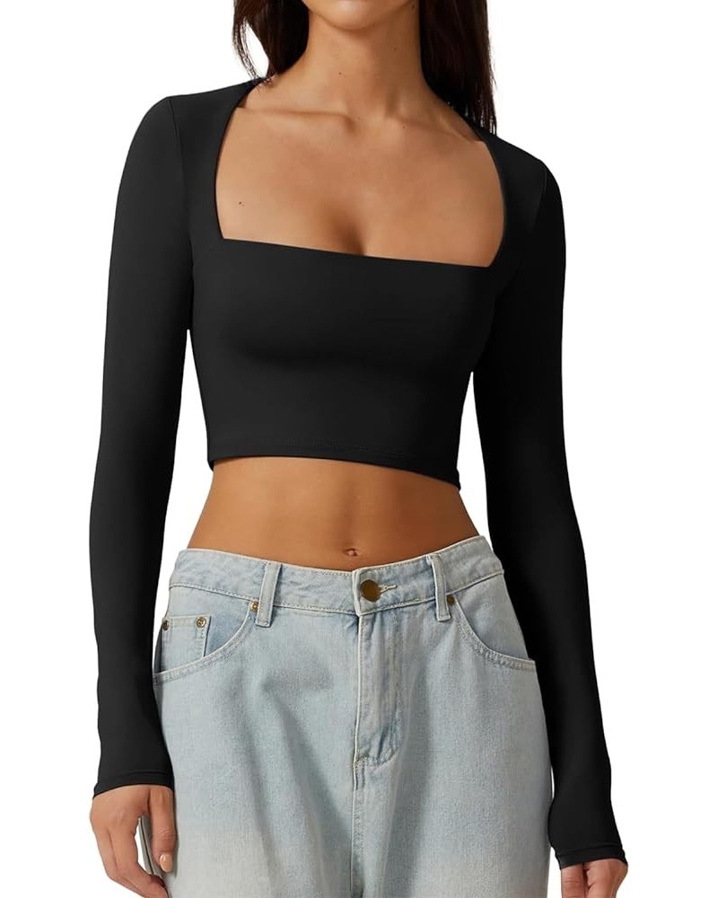 Womens Sexy Square Neck Crop Top Long Sleeve Fashion Y2K Slim Fit Going Out Top Black $10.00 T-Shirts