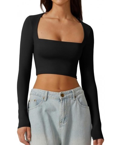 Womens Sexy Square Neck Crop Top Long Sleeve Fashion Y2K Slim Fit Going Out Top Black $10.00 T-Shirts