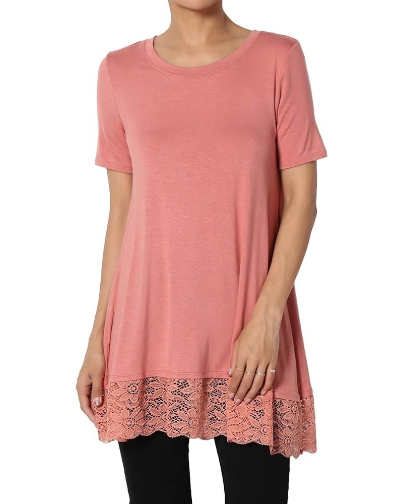 Women's Sleeveless Lace Hem Stretch Jersey Tunic Casual Relaxed Long Tank Top S/S Ash Rose $9.13 Tanks