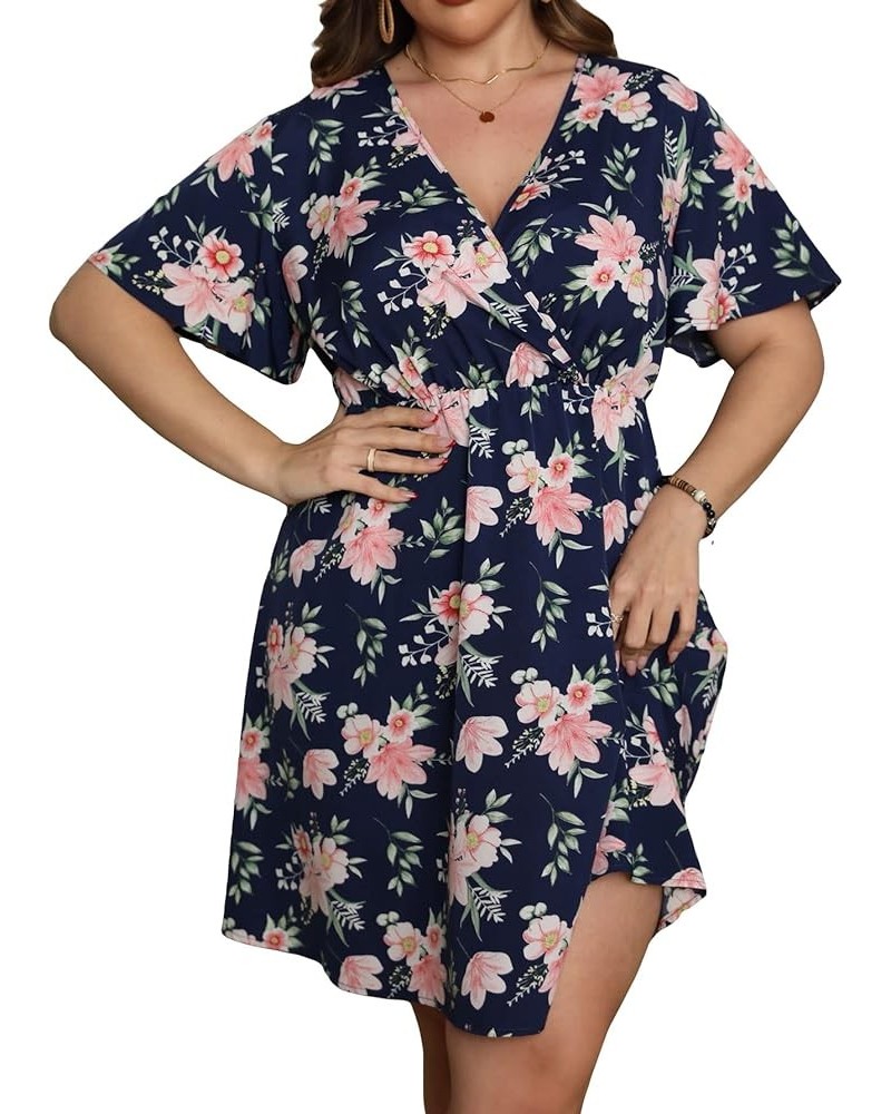 Women's Plus Size Floral Print Warp V Neck Short Sleeve High Waist Summer Short Dress Navy Blue $23.51 Dresses