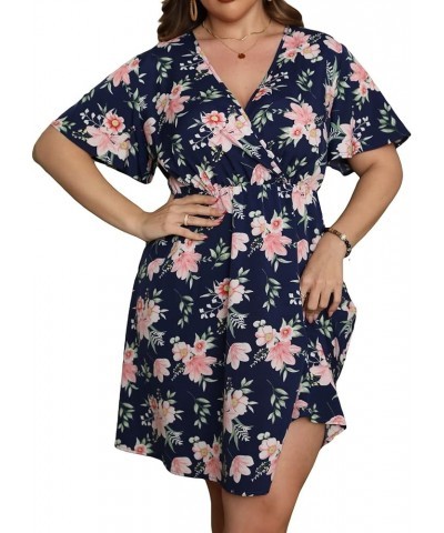 Women's Plus Size Floral Print Warp V Neck Short Sleeve High Waist Summer Short Dress Navy Blue $23.51 Dresses