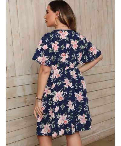 Women's Plus Size Floral Print Warp V Neck Short Sleeve High Waist Summer Short Dress Navy Blue $23.51 Dresses