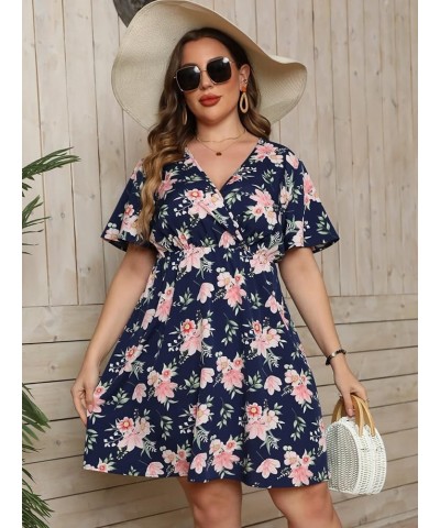 Women's Plus Size Floral Print Warp V Neck Short Sleeve High Waist Summer Short Dress Navy Blue $23.51 Dresses