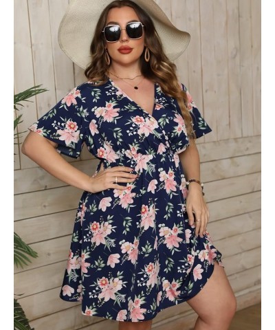 Women's Plus Size Floral Print Warp V Neck Short Sleeve High Waist Summer Short Dress Navy Blue $23.51 Dresses