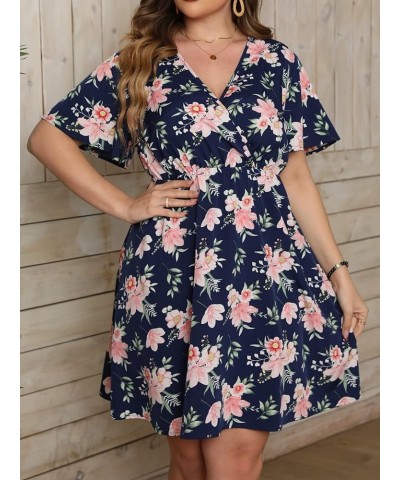 Women's Plus Size Floral Print Warp V Neck Short Sleeve High Waist Summer Short Dress Navy Blue $23.51 Dresses