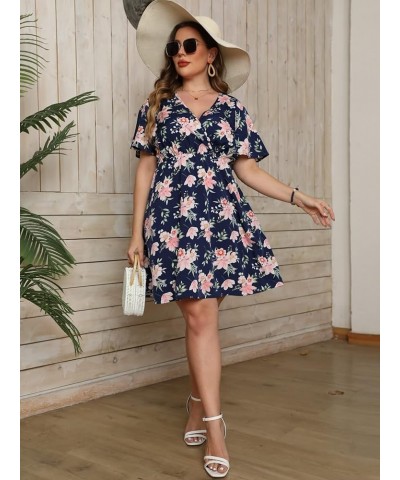 Women's Plus Size Floral Print Warp V Neck Short Sleeve High Waist Summer Short Dress Navy Blue $23.51 Dresses