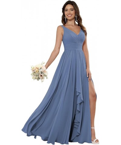 Women's V Neck Chiffon Bridesmaid Dresses Long with Pockets Ruffle A Line Formal Dresses with Slit RA002 Steel Blue $23.00 Dr...