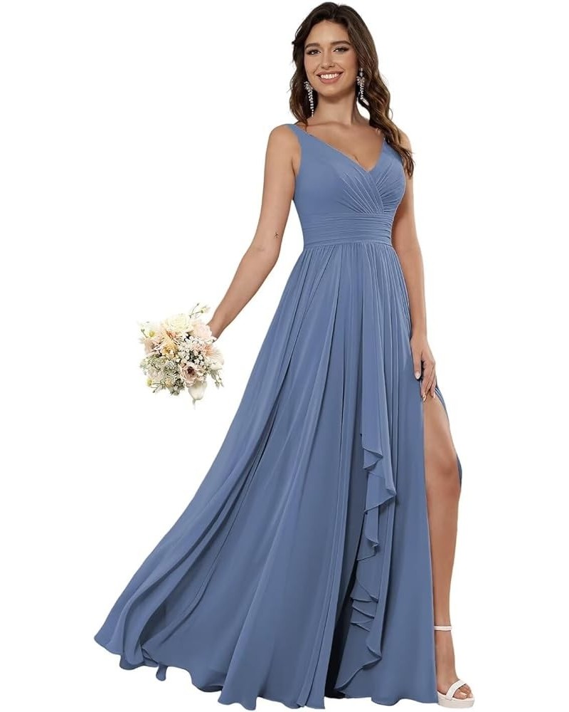 Women's V Neck Chiffon Bridesmaid Dresses Long with Pockets Ruffle A Line Formal Dresses with Slit RA002 Steel Blue $23.00 Dr...