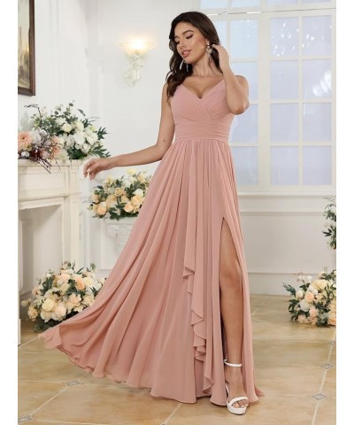 Women's V Neck Chiffon Bridesmaid Dresses Long with Pockets Ruffle A Line Formal Dresses with Slit RA002 Steel Blue $23.00 Dr...