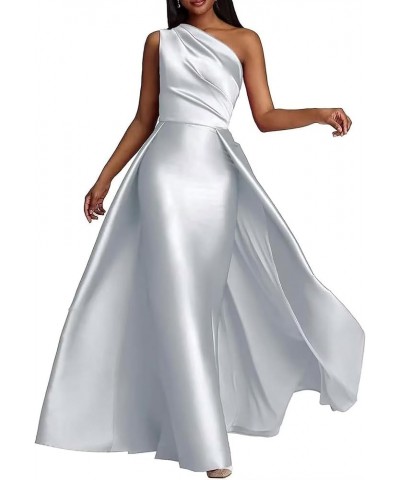 One Shoulder Satin Prom Dresses for Women 2024 Long A-Line Ball Gown Formal Dresses with Overskirt MR08 Silver $39.91 Dresses