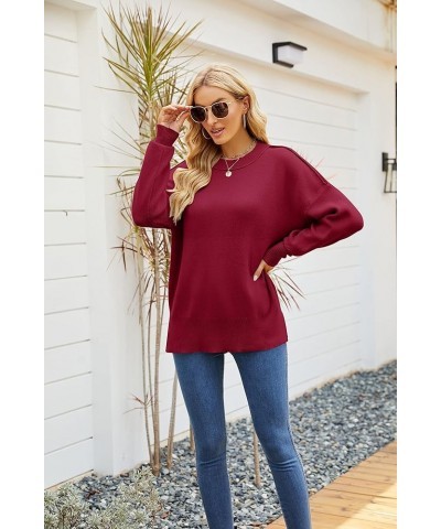 Womens Batwing Sleeve Pullover Loose Side Split Oversized Solid Sweaters Drop Shoulder Slouchy Mock Neck Tops Wine $10.79 Swe...