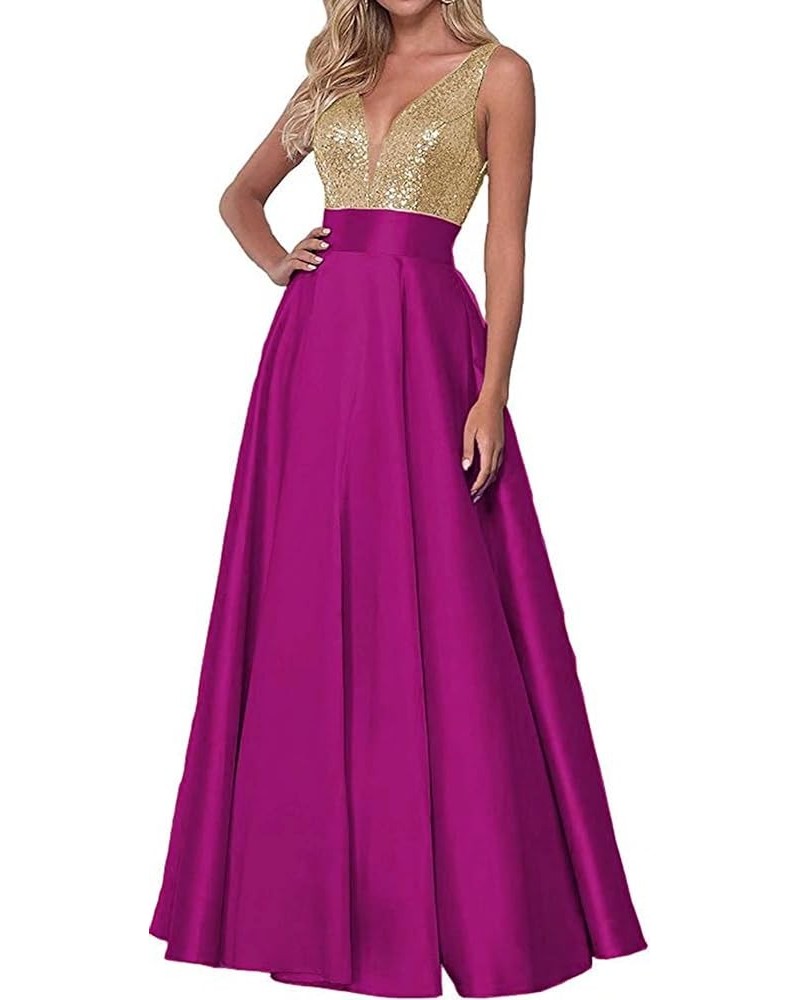 V Neck Prom Dresses Sequins Satin 2024 New Long Formal Evening Dresses Ball Gowns for Women with Pockets Fuchsia $29.24 Dresses