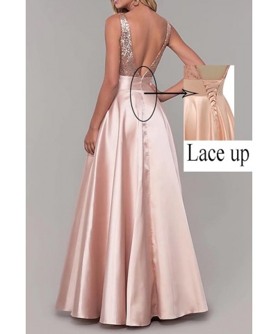 V Neck Prom Dresses Sequins Satin 2024 New Long Formal Evening Dresses Ball Gowns for Women with Pockets Fuchsia $29.24 Dresses