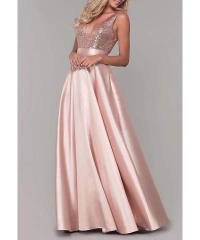 V Neck Prom Dresses Sequins Satin 2024 New Long Formal Evening Dresses Ball Gowns for Women with Pockets Fuchsia $29.24 Dresses