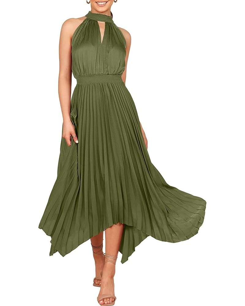 Women's Sleeveless Cutout Halter Neck Satin Formal Dress Smocked Pleated Asymmetric Party Cocktail Maxi Dress Army Green $23....