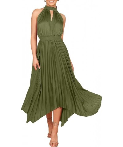 Women's Sleeveless Cutout Halter Neck Satin Formal Dress Smocked Pleated Asymmetric Party Cocktail Maxi Dress Army Green $23....