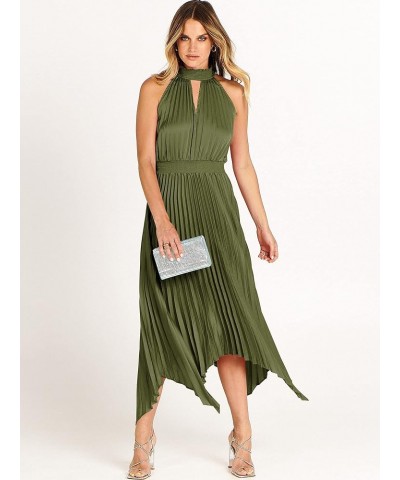 Women's Sleeveless Cutout Halter Neck Satin Formal Dress Smocked Pleated Asymmetric Party Cocktail Maxi Dress Army Green $23....