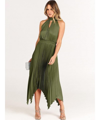 Women's Sleeveless Cutout Halter Neck Satin Formal Dress Smocked Pleated Asymmetric Party Cocktail Maxi Dress Army Green $23....