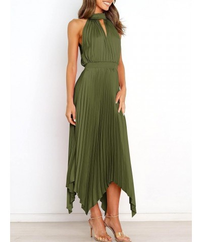 Women's Sleeveless Cutout Halter Neck Satin Formal Dress Smocked Pleated Asymmetric Party Cocktail Maxi Dress Army Green $23....