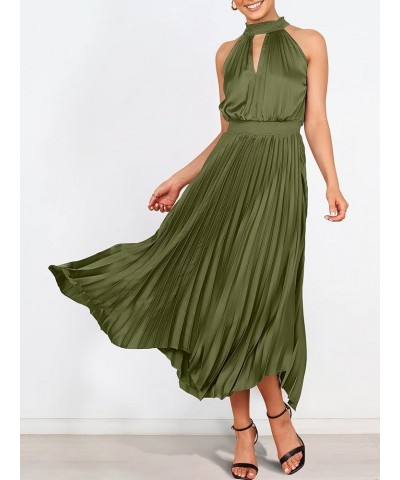 Women's Sleeveless Cutout Halter Neck Satin Formal Dress Smocked Pleated Asymmetric Party Cocktail Maxi Dress Army Green $23....