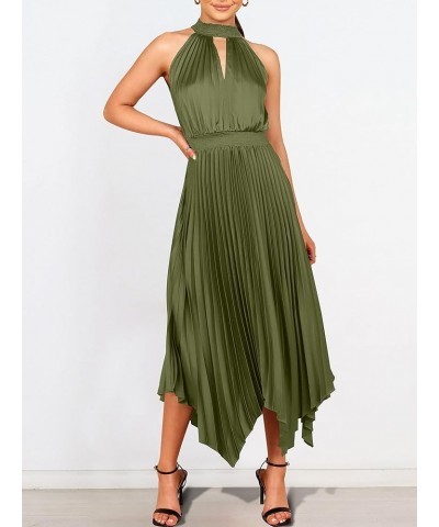 Women's Sleeveless Cutout Halter Neck Satin Formal Dress Smocked Pleated Asymmetric Party Cocktail Maxi Dress Army Green $23....