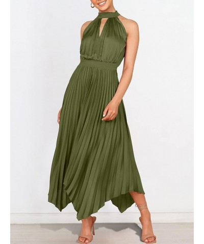 Women's Sleeveless Cutout Halter Neck Satin Formal Dress Smocked Pleated Asymmetric Party Cocktail Maxi Dress Army Green $23....