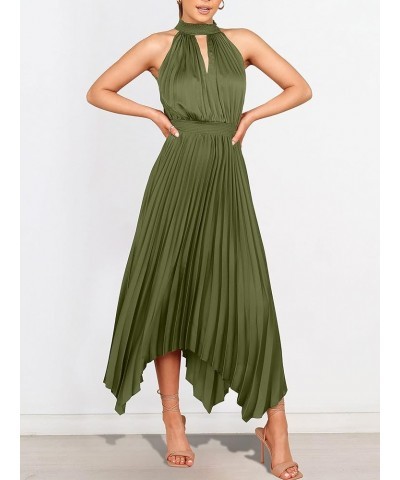 Women's Sleeveless Cutout Halter Neck Satin Formal Dress Smocked Pleated Asymmetric Party Cocktail Maxi Dress Army Green $23....